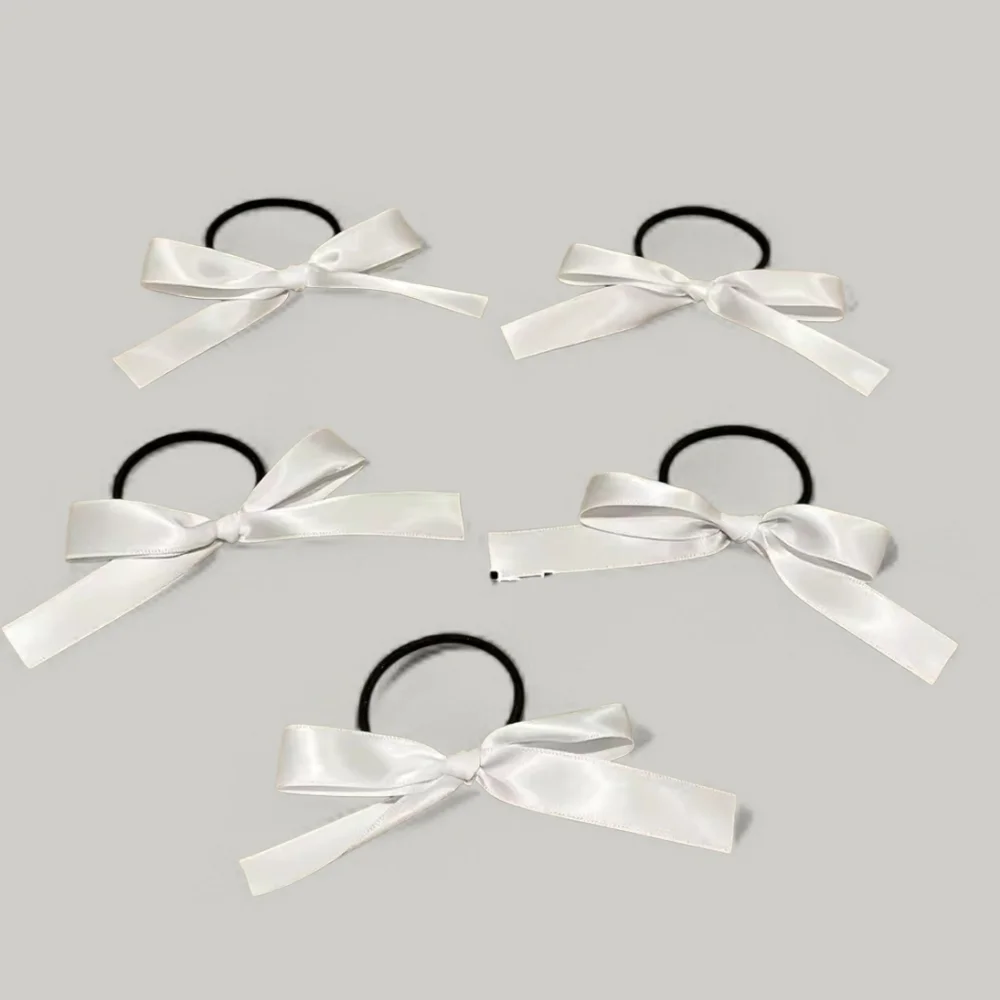 Elegant White Satin Hair Ponytail Bow • 5 Piece Set • New